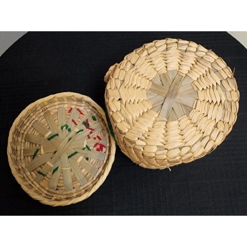Vintage Straw Bucket Purse with Hand Embroidered Flowers